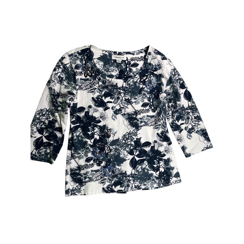 Coldwater Creek Floral Embellished Top Size Small Blue White 3/4 Sleeve Blouse
